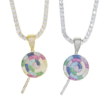 

Hip Hop Bling Multicolor Lollipop Pendant Necklace Iced Out Bling 5A Cubic Zircon Tennis Chain Necklace For Women Men Jewelry