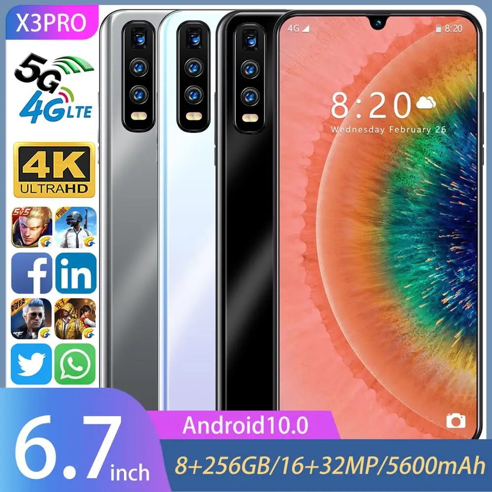 In stock X3 PRO Cellphone 6.7 " 5600mAh 8GB RAM 256GB ROM 10 Core 4G Android 10 Smart phone Dual SIM Global Version Mobile Phone
In stock X3 PRO Cellphone 6.7 " 5600mAh 8GB RAM 256GB ROM 10 Core 4G Android 10 Smart phone Dual SIM Global Version Mobile Phone