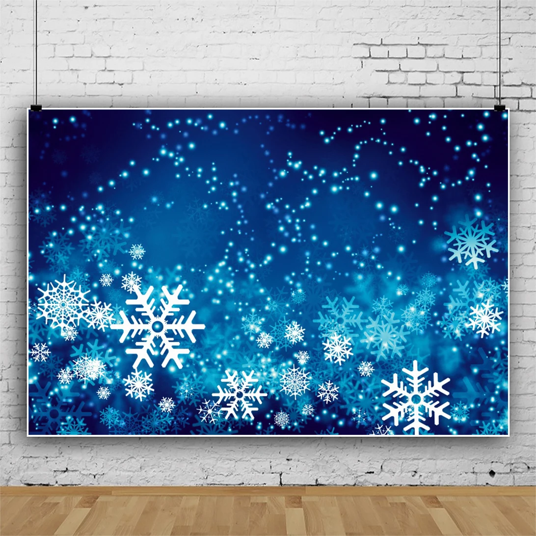 

Laeacco Snowflake Polka Dots Photo Backdrop Winter Christmas Child Portrait Photographic Blue Light Bokeh Photocall Background