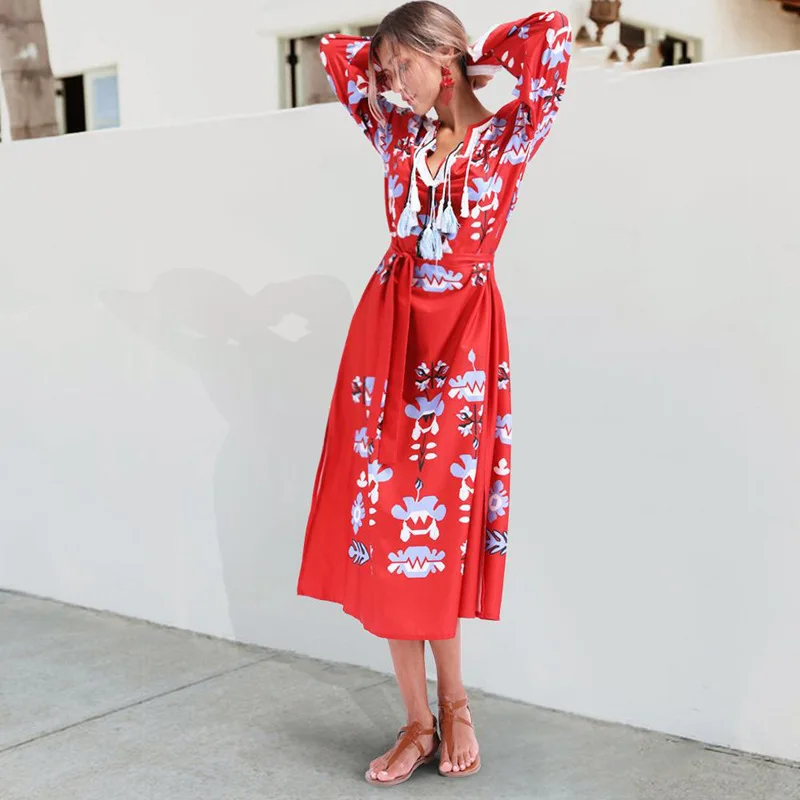 Women Spring Tassels Red Floral Printed Beach Dress Bohemia V Neck Lace Up Loose Fashion Sexy Slit Long Dresses Female Vestidos
Women Spring Tassels Red Floral Printed Beach Dress Bohemia V Neck Lace Up Loose Fashion Sexy Slit Long Dresses Female Vestidos