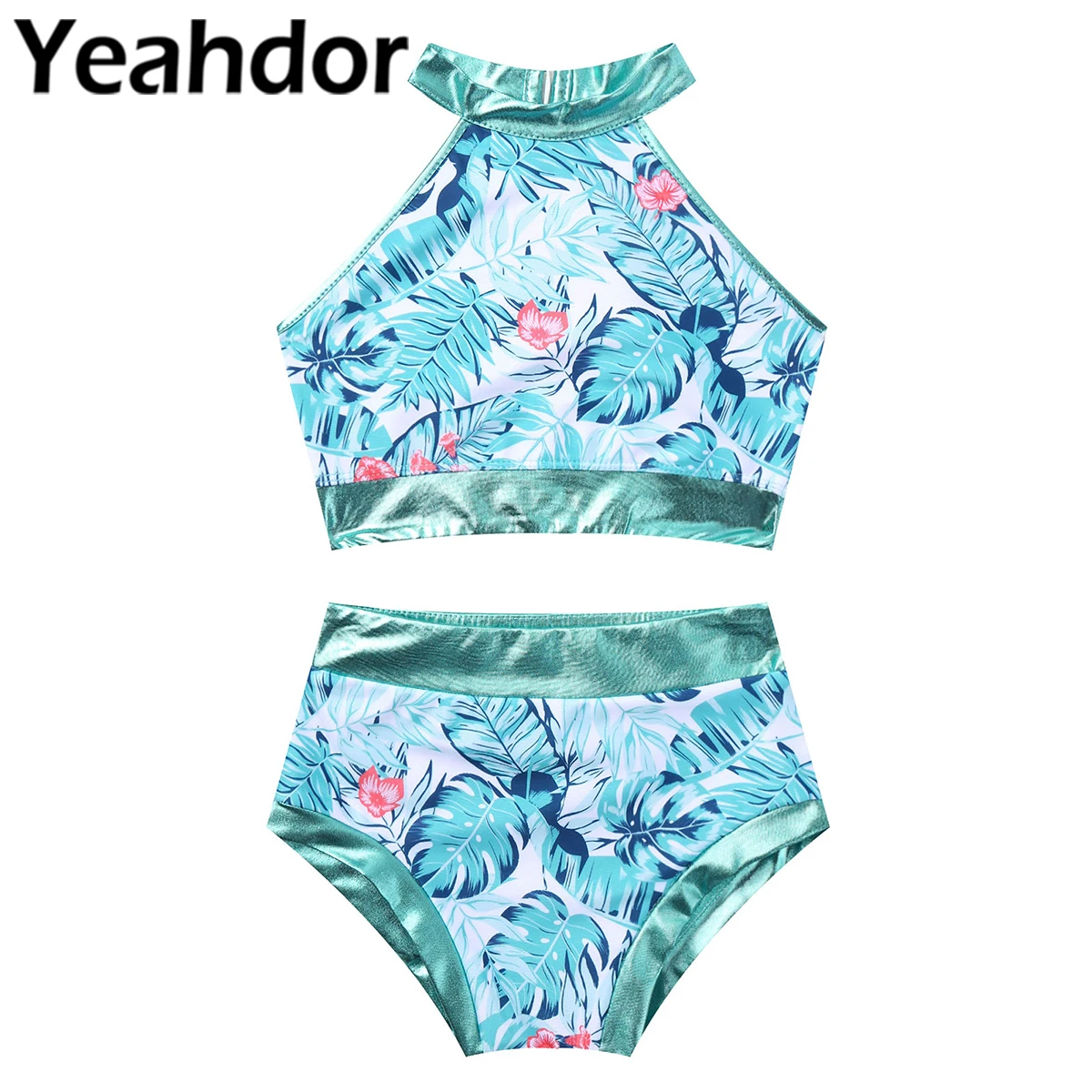 

Summer 2PCS Kids Girls Swimming Outfit Swimwear Tankini Palm Leaves Print Swimsuit Bathing Suit Bikini Top with Bottoms Set