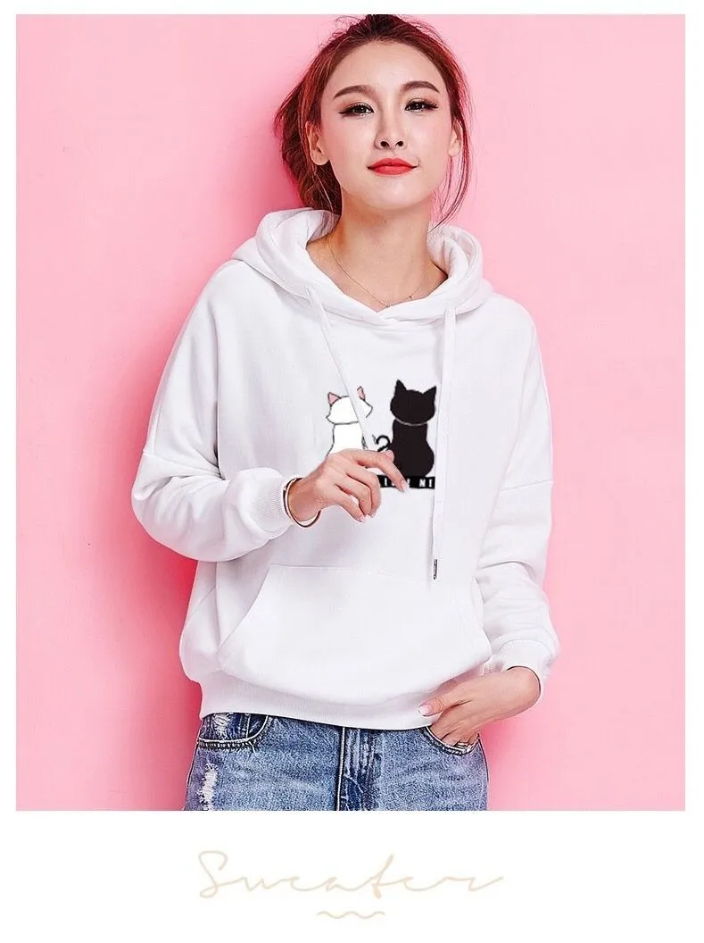 love you love me white color hoodie with white cat and black cat