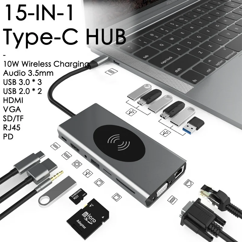 Type C Hub USB 3.0 Multi USB C Docking Station Laptop Switch Wireless Charger HDMI TF SD Reader PD for imac MacBook Pro Air
Type C Hub USB 3.0 Multi USB C Docking Station Laptop Switch Wireless Charger HDMI TF SD Reader PD for imac MacBook Pro Air