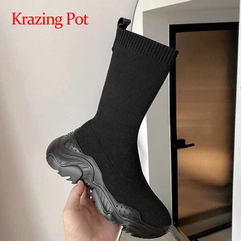 Krazing pot sock boots knitting sports style leisure coolest round toe high square heel slip on young lady mid-calf boots L19
Krazing pot sock boots knitting sports style leisure coolest round toe high square heel slip on young lady mid-calf boots L19