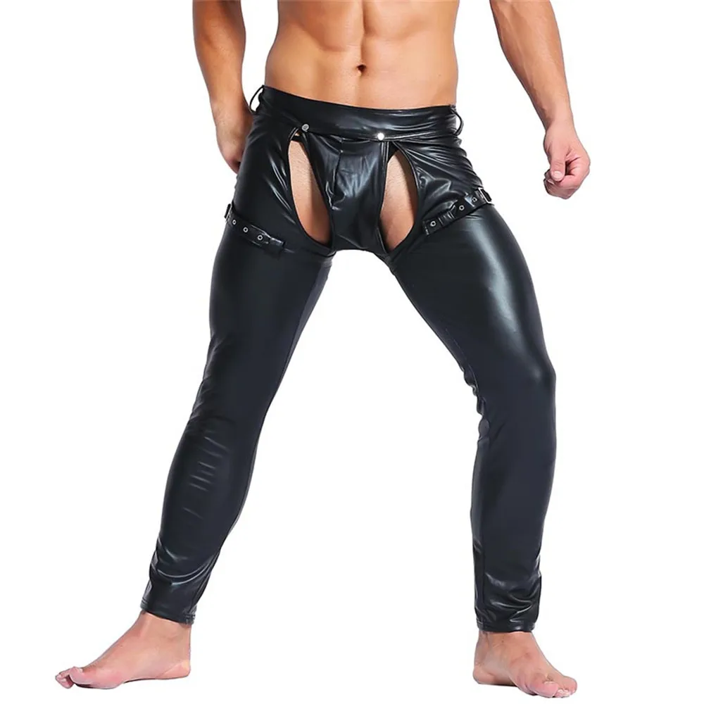 

Sexy Mens Faux Leather Skinny Tight Pants Clubwear Legging Nightclub Trousers Mens PU Leather Black Dancer Open Front Long Pants