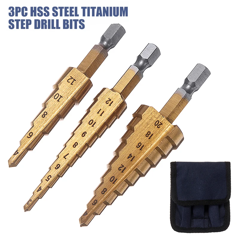 3Pcs Two Flute Hex Shank Titanium Step Drill HSS Metal Drill Hole Cutter Bit Set Home DIY Construction Tool With Pouch 
3Pcs Two Flute Hex Shank Titanium Step Drill HSS Metal Drill Hole Cutter Bit Set Home DIY Construction Tool With Pouch