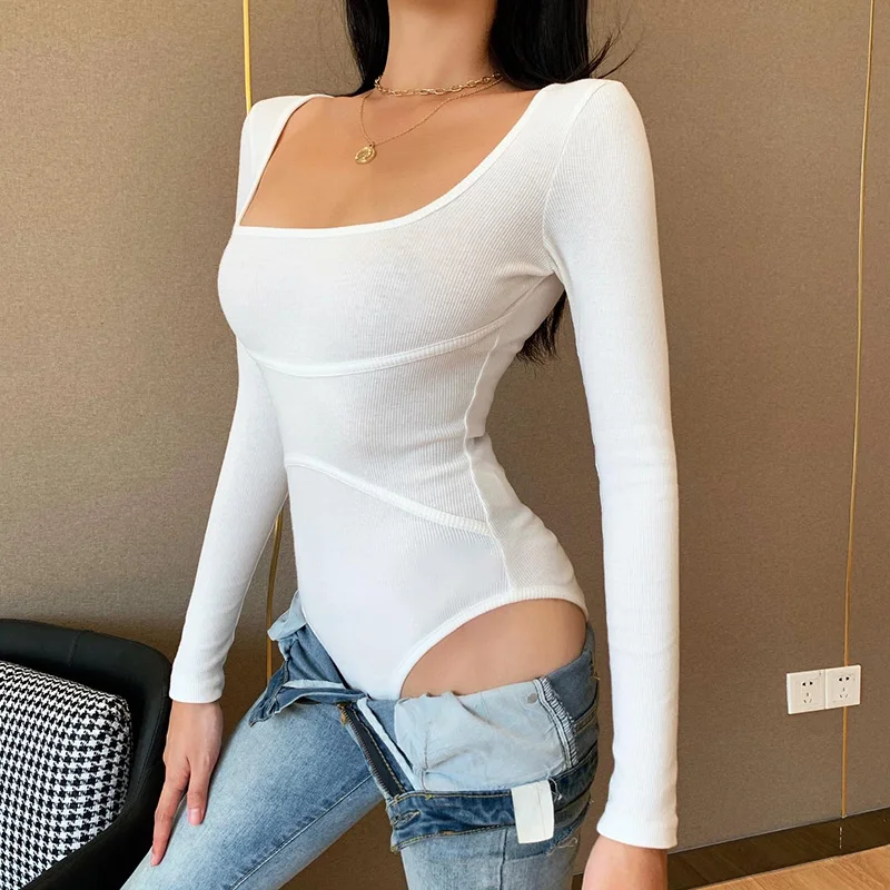 

Sexy Bodycon Bodysuits Women Fall Casual Square Neck Long Sleeve Bodysuits Rib Knit On-Piece Tight Leotard Basic Bodysuits Tops