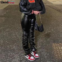 

Weird Puss Faux Leather Pants Cyber Y2K Vintage Stacked Zipper Side Slit Drawstring Pencil Pants Trend Streetwear Slim Outfits