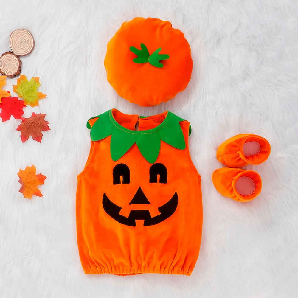 Sweet Baby Boys Girls Sleeveless Clothes Set Halloween Devil Pumpkin Top + Hat + Shoes Set Stylish Outfits 40AG26 (5)