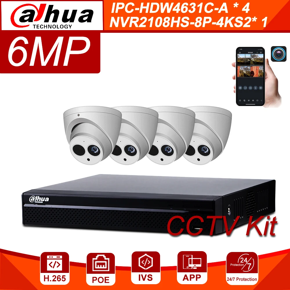 

Dahua 6MP 8+4 Security CCTV Camera Kit With NVR2108HS-8P-4KS2 IP Camera IPC-HDBW4631C-A P2P Surveillance System Easy To Install