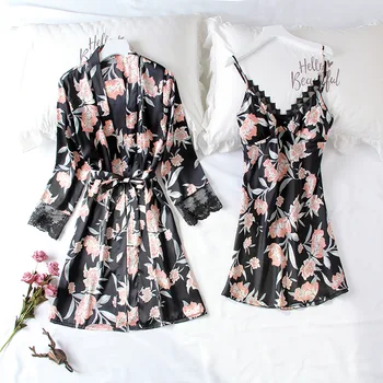 Sexy Lady 2PCS Nightgown Sleepwear Print Flower Twinset Robe Suit Nightwear Bathrobe Silky Nighty&Robe Set Home Clothes 
Sexy Lady 2PCS Nightgown Sleepwear Print Flower Twinset Robe Suit Nightwear Bathrobe Silky Nighty&Robe Set Home Clothes