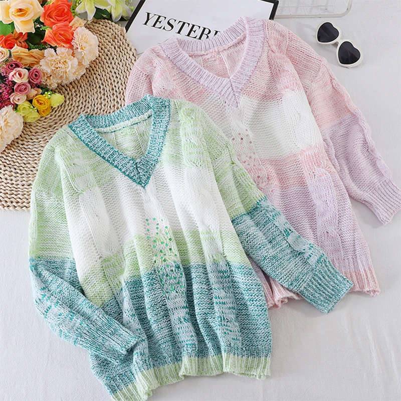 Sequins Sweater Women Colorful Striped Patchwork Knitted Pullovers And Sweaters 2020 Autumn Winter V Neck Womens Tops Sweaters
Sequins Sweater Women Colorful Striped Patchwork Knitted Pullovers And Sweaters 2020 Autumn Winter V Neck Womens Tops Sweaters