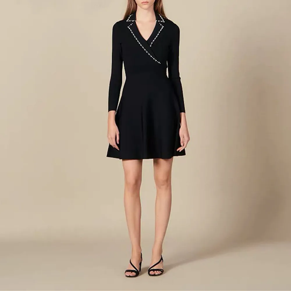 french S home dresses autumn winter 2019 temperament elegant long sleeve pearl beading black knit dress women
french S home dresses autumn winter 2019 temperament elegant long sleeve pearl beading black knit dress women