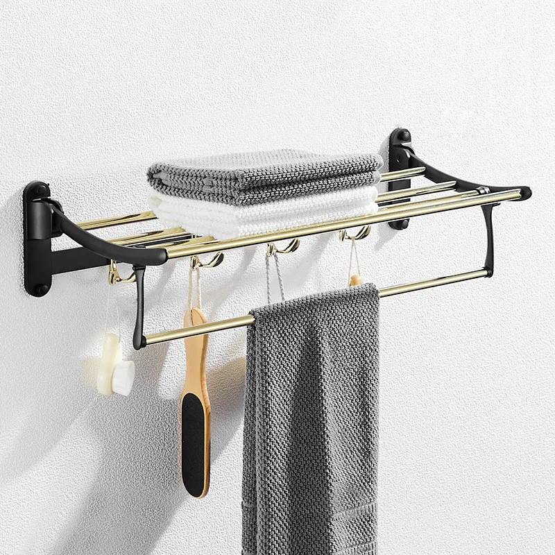 Фото Bathroom Towel Rack Brass 60 cm Folding Gold Holder Foldable Black Fixed Bath Shelves Rail | Обустройство дома