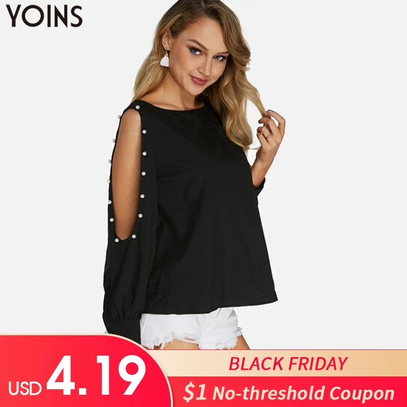

YOINS Sexy Cold Shoulder Top 2019 Blouses Shirts O Neck Hollow Out Long Sleeves Pearl Solid Black Pullovers Blusas Femininas