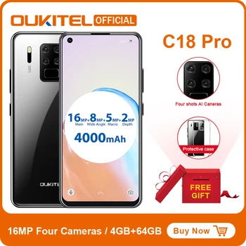 

OUKITEL C18 Pro 6.55" Android 9.0 MT6757 4GB 64GB 16MP 4 Cameras Smartphone Octa Core 1600*720 Fingerprint 4000mAh Mobile Phone