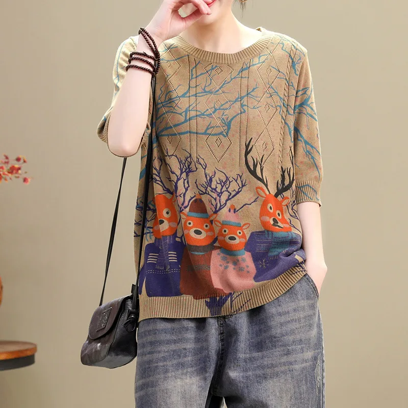 Women's Loose Vintage Round Neck Cartoon Printing Bottoming Tees And Tops Pullovers 2020 Spring Half Sleeve Cotton Sweater
Women's Loose Vintage Round Neck Cartoon Printing Bottoming Tees And Tops Pullovers 2020 Spring Half Sleeve Cotton Sweater
