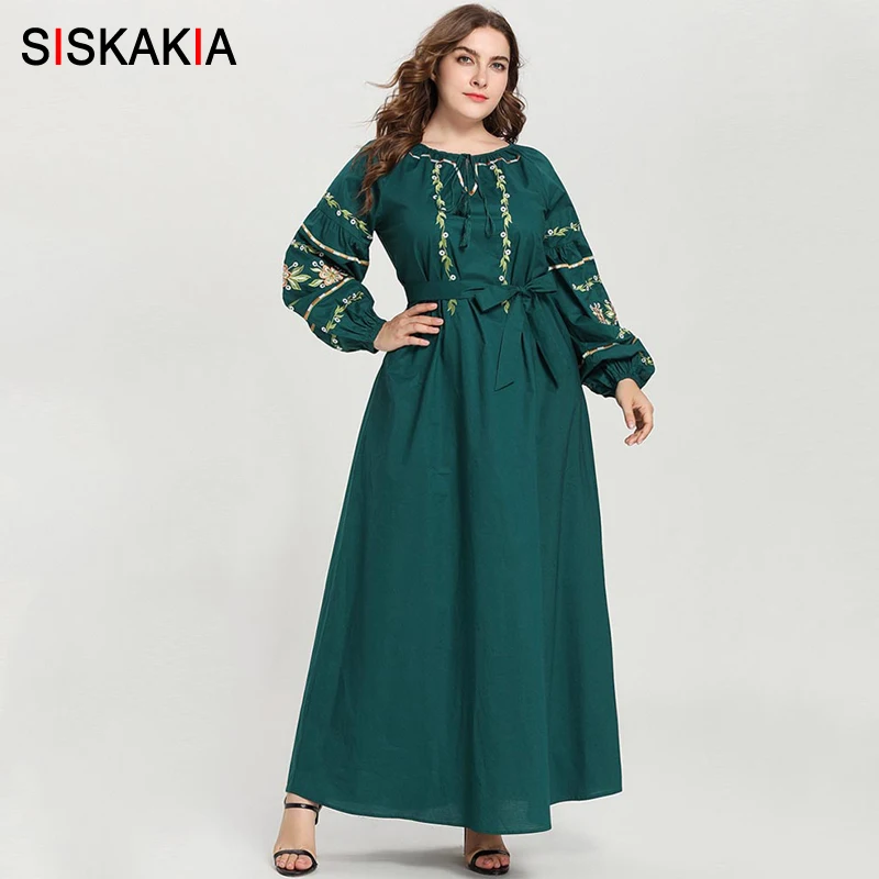 

Siskakia Plus Size Women Long Dress Autumn 2019 Arabian Floral Embroidery Maxi Dresses Full Cotton Muslim Clothes Green Khaki