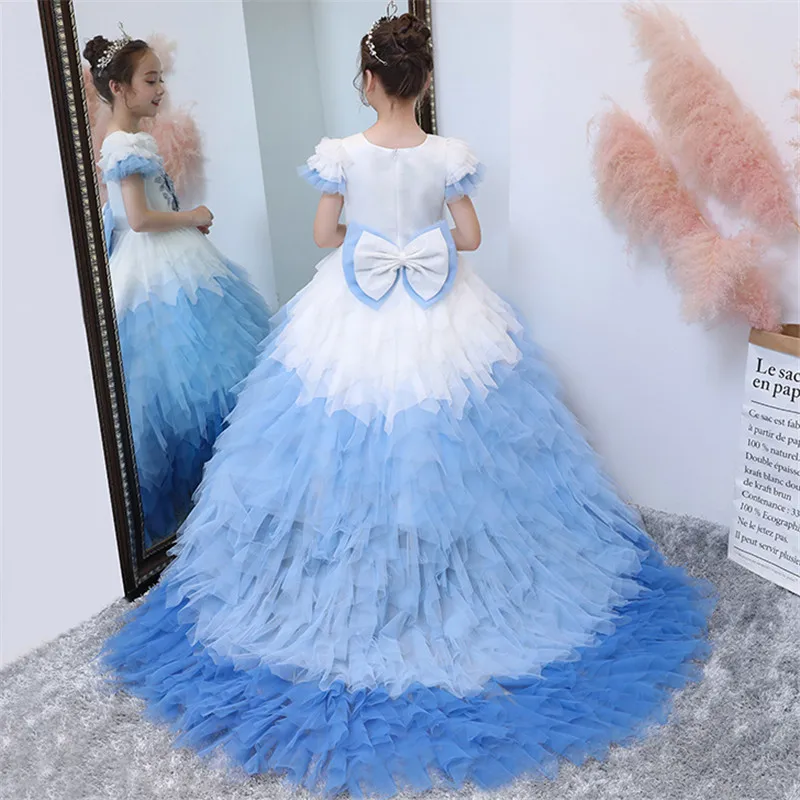 Children Girls Luxury High-Grade Birthday Evening Party Princess Long Tail Dress Model Catwalk Piano Host Communication Dresses |