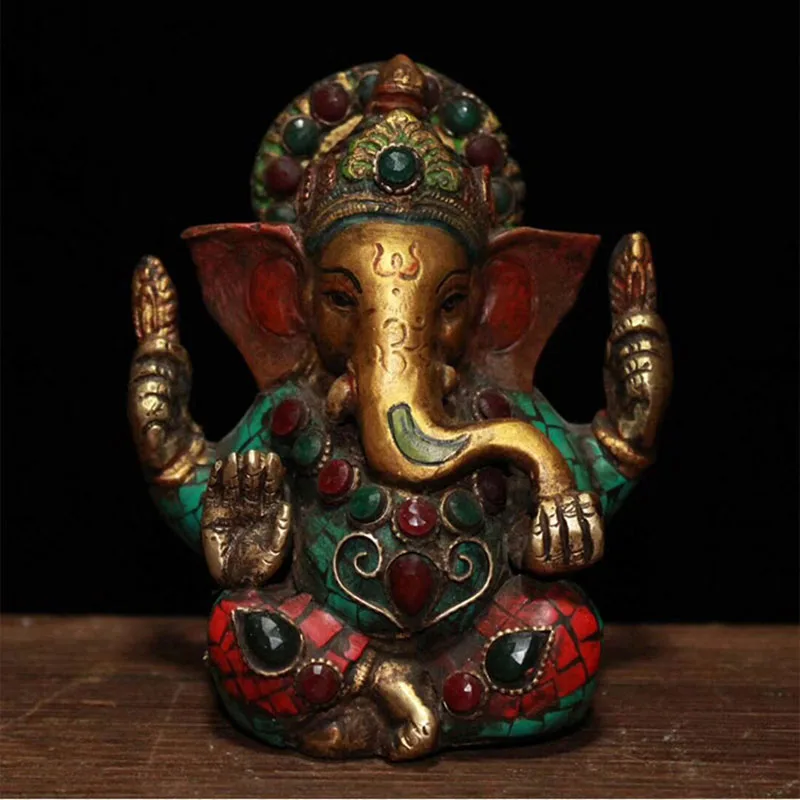 

Nepal Pure Copper Elephant Trunk God of Wealth Ornaments Handmade Painted Inlaid Gems Elephant God of Wealth Home Furnishing