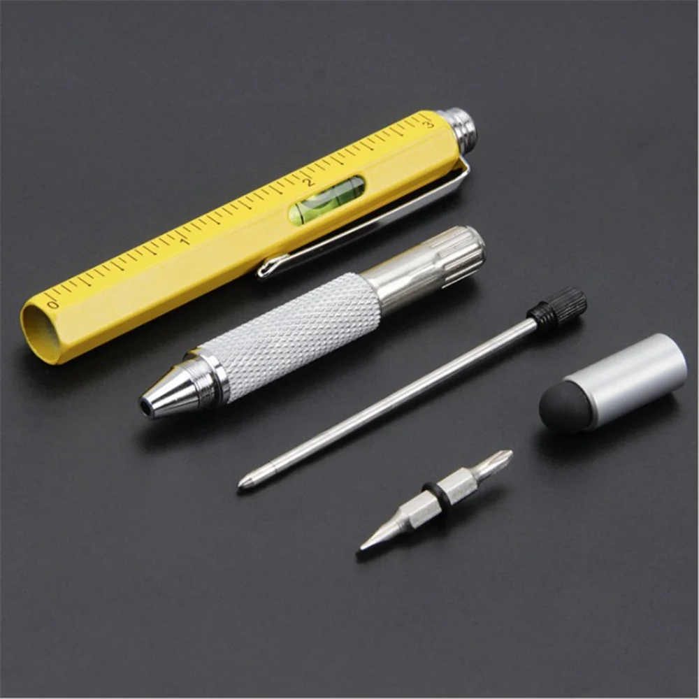 Wielofunkcyjny długopis z piórem, stylusem, płaskim bitem śrubokrętu, czarnym cienkopisem, poziomicą i linijką - Wianko - 5