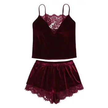 Women Sexy Velvet Lingerie Sleepwear Spaghetti Strap Cami Top Wide Leg Shorts Eyelash Floral Lace Splice Solid Color Pajamas Set
Women Sexy Velvet Lingerie Sleepwear Spaghetti Strap Cami Top Wide Leg Shorts Eyelash Floral Lace Splice Solid Color Pajamas Set