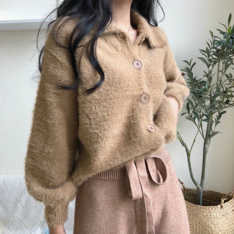 

Women's Khaki Mink Cashmere Sweater Coat, Turn-Down Collar, Warm Knitted Cardigan Jacket, Autumn, Winter, 2023