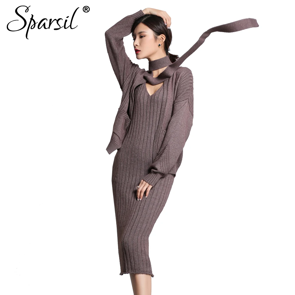 Sparsil Autumn Women's Cashmere Sets Cardigans Dress Knitted Wool Sweaters Solid Pockets Two Sets With Belt Female Long Dresses
Sparsil Autumn Women's Cashmere Sets Cardigans Dress Knitted Wool Sweaters Solid Pockets Two Sets With Belt Female Long Dresses