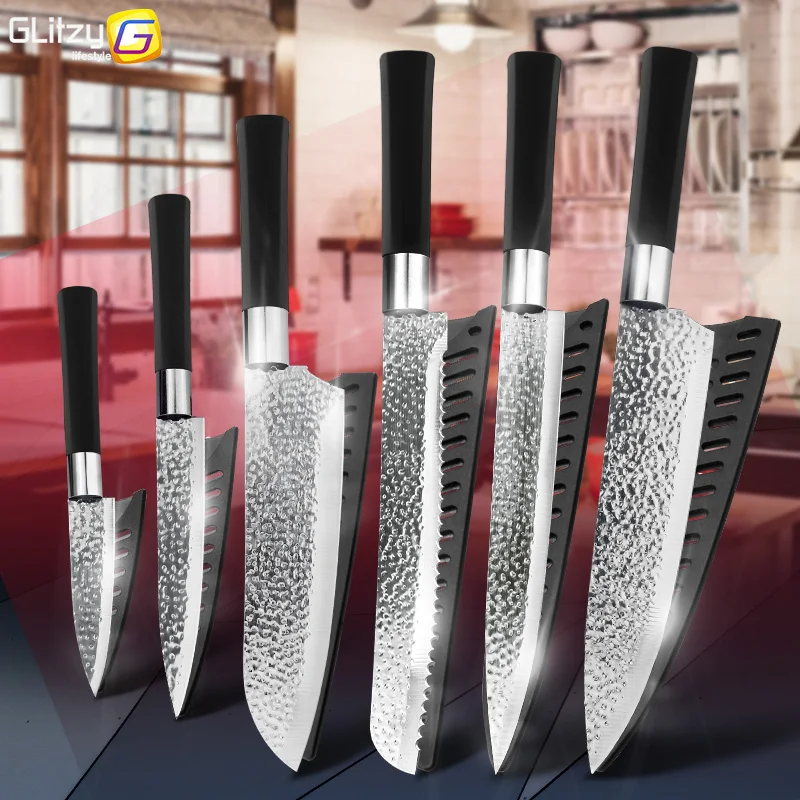 Kitchen Knife 3.5'' 5'' 7'' 8'' Chef 5Cr15Mov Stainless Steel Hamered Blade 6 Pieces Set Bread Slicer Utility Santoku Knives
Kitchen Knife 3.5'' 5'' 7'' 8'' Chef 5Cr15Mov Stainless Steel Hamered Blade 6 Pieces Set Bread Slicer Utility Santoku Knives