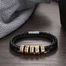 Pulsera de cuerda trenzada negra para hombre personalizada con 5 cuentas nombre de la familia grabado personalizado pulseras regalos para novio papá y el padre(China)