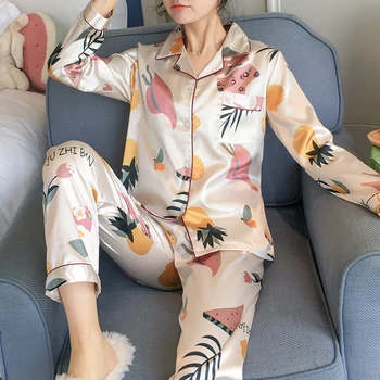 2 Piece Autumn Women Sleepwear Faux Silk Satin Pajamas Set Long Sleeve Sleepwear Pajamas Suit Female Homewear 
2 Piece Autumn Women Sleepwear Faux Silk Satin Pajamas Set Long Sleeve Sleepwear Pajamas Suit Female Homewear