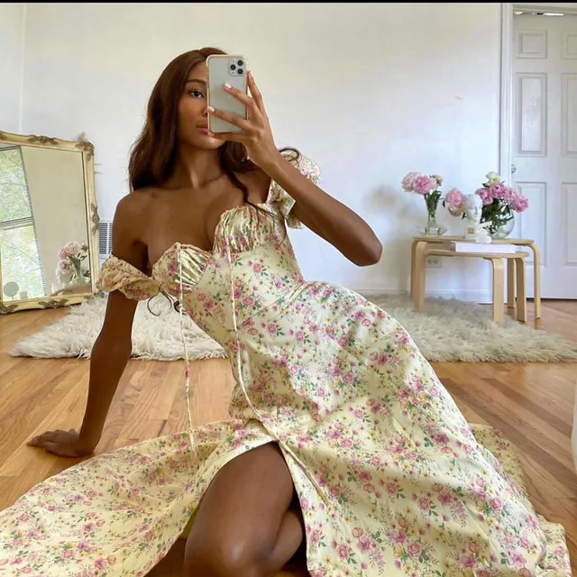JUKPOP Women Elegant Maxi Dress Flower Print High Split Off Shoulder JKP5947