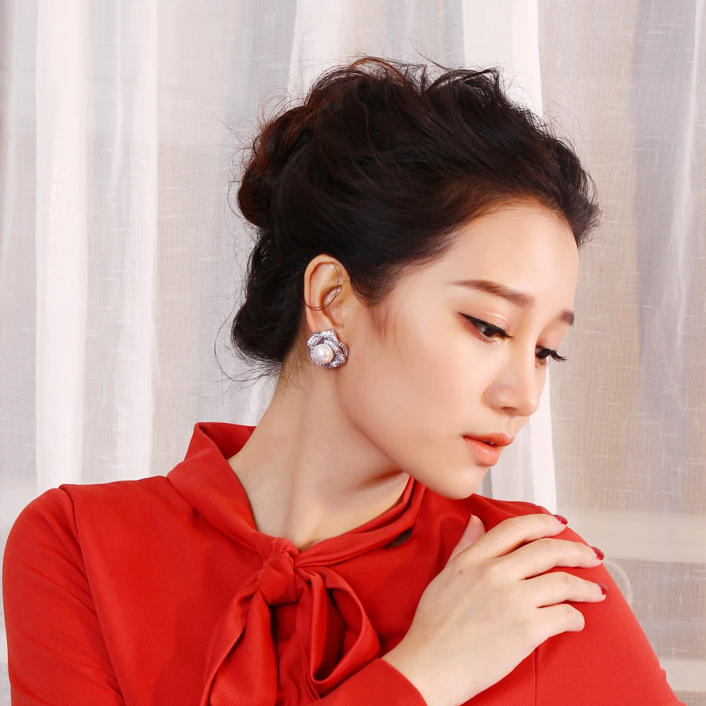 Rose flower earrings with pearl (5)