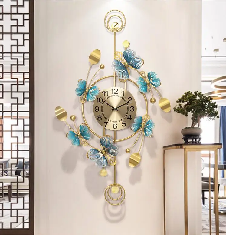 

New Chinese Butterfly Orchid Wrought Iron Wall Clocks Home Livingroom Wall Sticker Decoration Hotel Club Lobby Wall Mural Crafts
