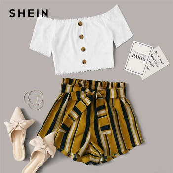 SHEIN Multicolor Lettuce Edge Bardot Crop Top and Paperbag Waist Shorts Set 2020 Summer Women Colorblock Bohemian Two Piece Sets
SHEIN Multicolor Lettuce Edge Bardot Crop Top and Paperbag Waist Shorts Set 2020 Summer Women Colorblock Bohemian Two Piece Sets