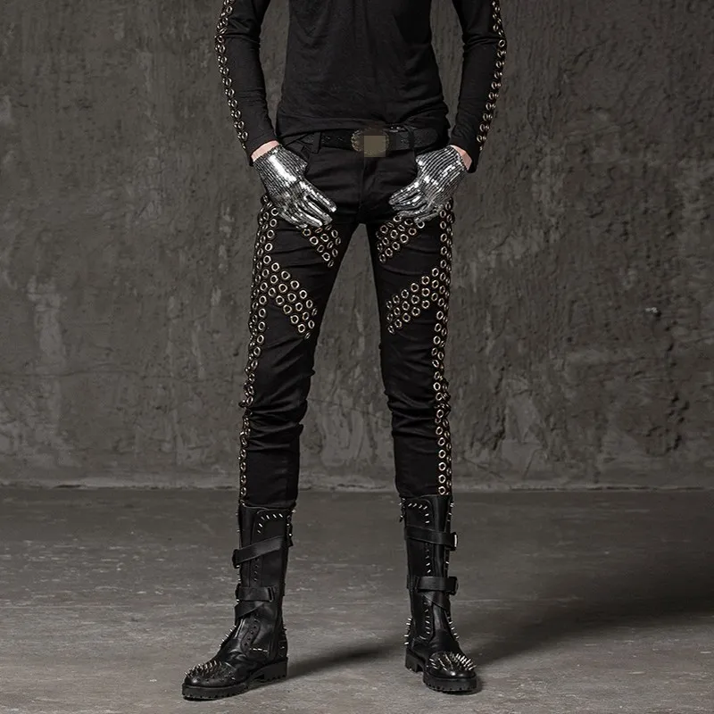 Брюки-Карандаш мужские с заклепками эластичные в стиле панк | Мужская одежда