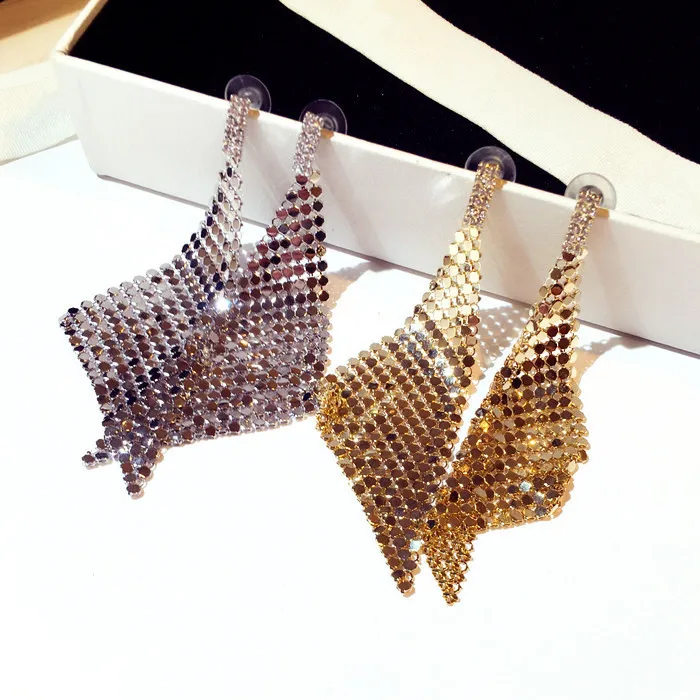 

Europe and America Exaggerated Long Dangle Earring New Fashion Women Rhinestone Metal Gold Silver Color Sequins Drop Earrings