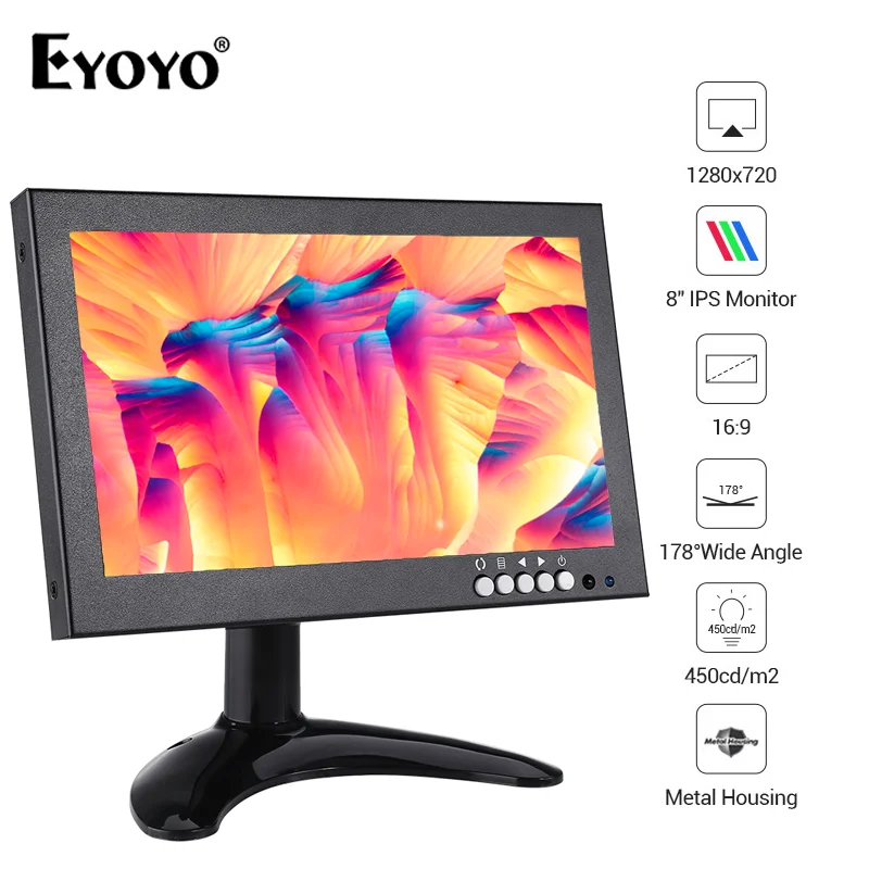 

Eyoyo 8“ HDMI Monitor 720P IPS Display Screen VGA/AV/BNC/SPEAK PC Screen Portable LCD Display Monitors for CCTV Security camera