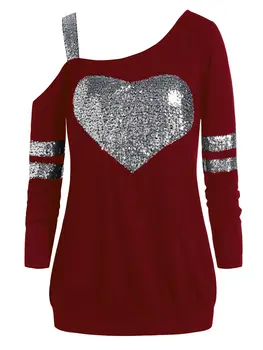 

ROSEGAL Plus Size Sequined Skew Collar Tunic Sweatshirt Glitter Long Sweatshirt Casual Women Sweatshirt 2019 New Red Wine Black