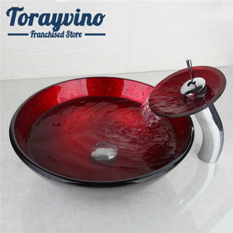 

Torayvino Bathroom Sink set Hand Painting Basin Artistic Style Vessel Vanity With Brass Waterfall Faucet Basin Mixer Tap Set