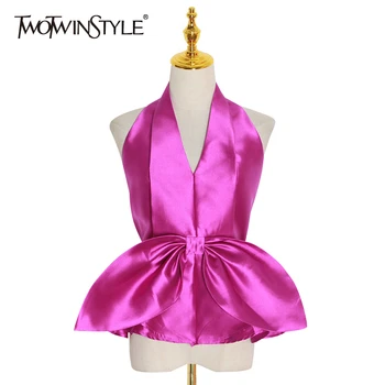 TWOTWINSTYLE Bowknot Chiffon Shirt For Women Halter V Neck Sleeveless Slim Sexy Party Shirts Top Female Summer Fashion New 2020
TWOTWINSTYLE Bowknot Chiffon Shirt For Women Halter V Neck Sleeveless Slim Sexy Party Shirts Top Female Summer Fashion New 2020