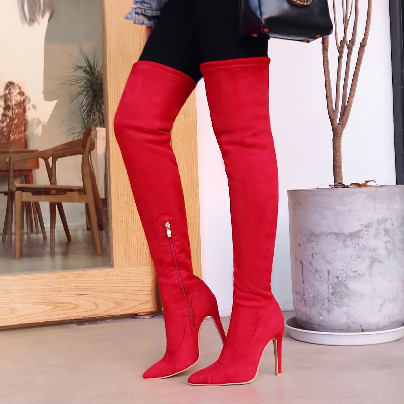 

Plus Size 31-43 Women 11cm High Heels Over The Knee Thigh Boots Sexy 58cm Height Boots Long Fetish Pumps 2019 Brown Red Shoes