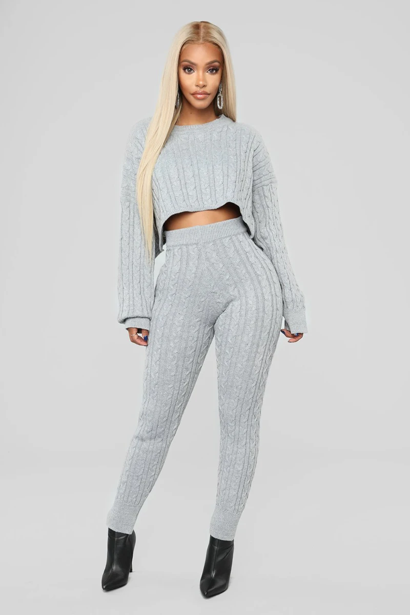Knitted 2 Piece Set Women Long Sleeve Crop Tops And Long Pants Knitted 2 Piece Set Women Long Sleeve Crop Tops And Long Pants