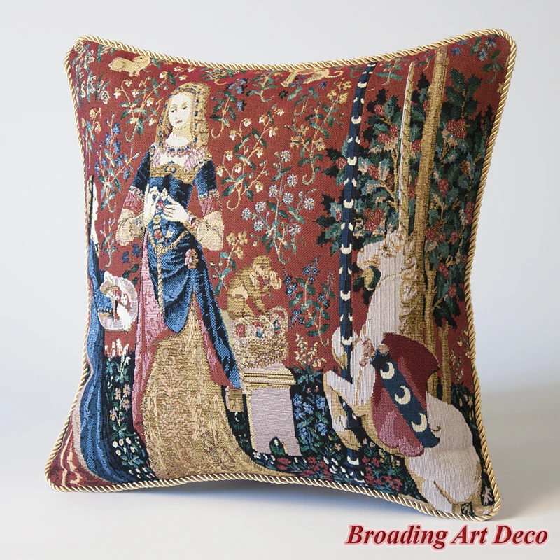 

Medieval Tapestry Pillow Cushion Cover Lady & Unicorn - Smell, Jacquard Weave Decoration Cotton 100% Double Sided Size 45x45cm