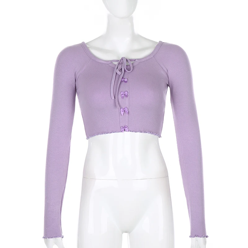 Darlingaga Crew Neck Bow Lace Up Woman T-shirts Purple Solid Slim Long Sleeve Autumn T shirt Casual Crop Tops Tee Shirts Korean
