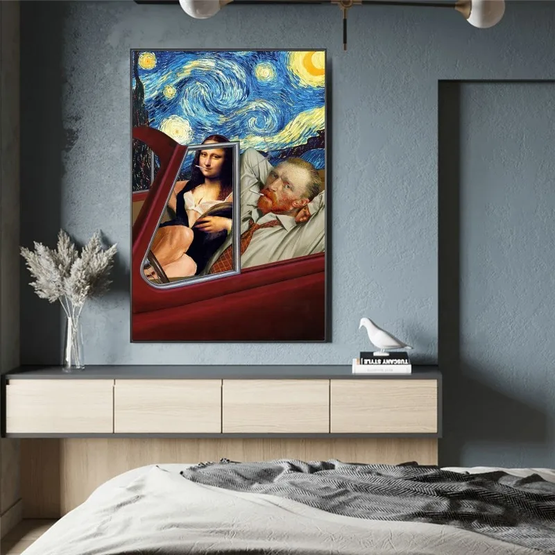 

Funny Art Van Gogh and Mona Lisa Driving Canvas Posters Abstract Smoking Oil Paintings on Canvas Wall Pictures Home Wall Decor