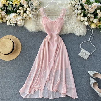 

YuooMuoo Ins Fashion Vacation Polka Dot Long Dress Women Romantic Pink Bandage Backless Ruffle Chiffon Dress Tunic Summer Dress