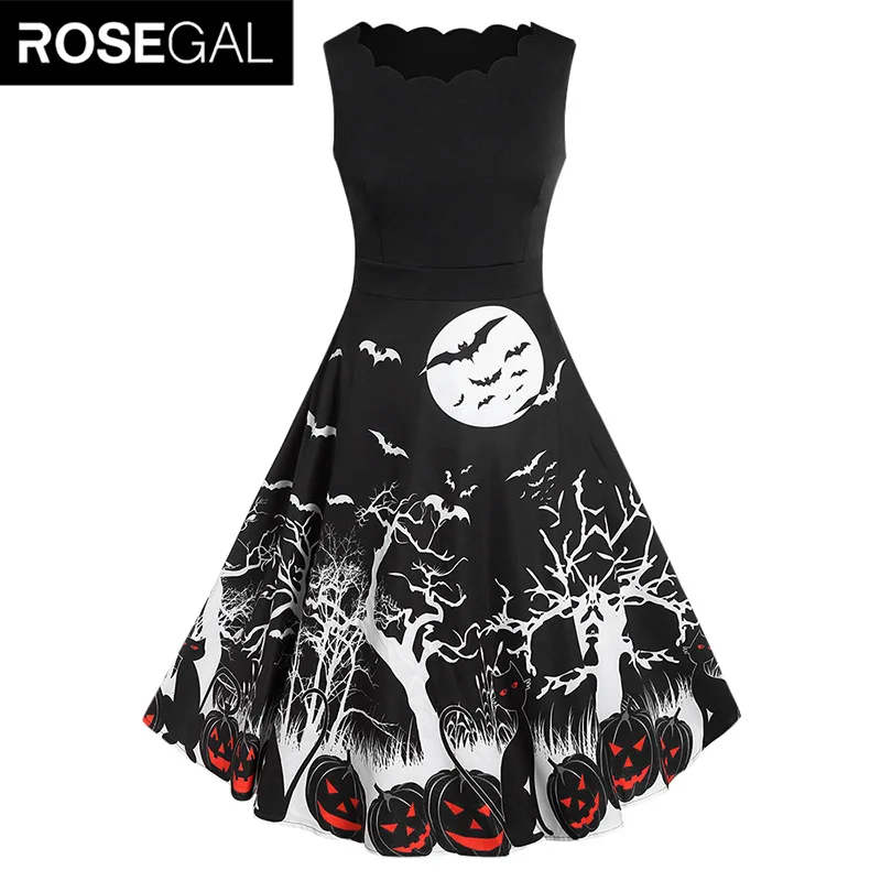 

Rosegal Halloween Bat Pumpkin Print Dress Women Vintage Large Plus Size 5XL A-Line Dress Swing Rockabilly Pin Up Retro Dresses
