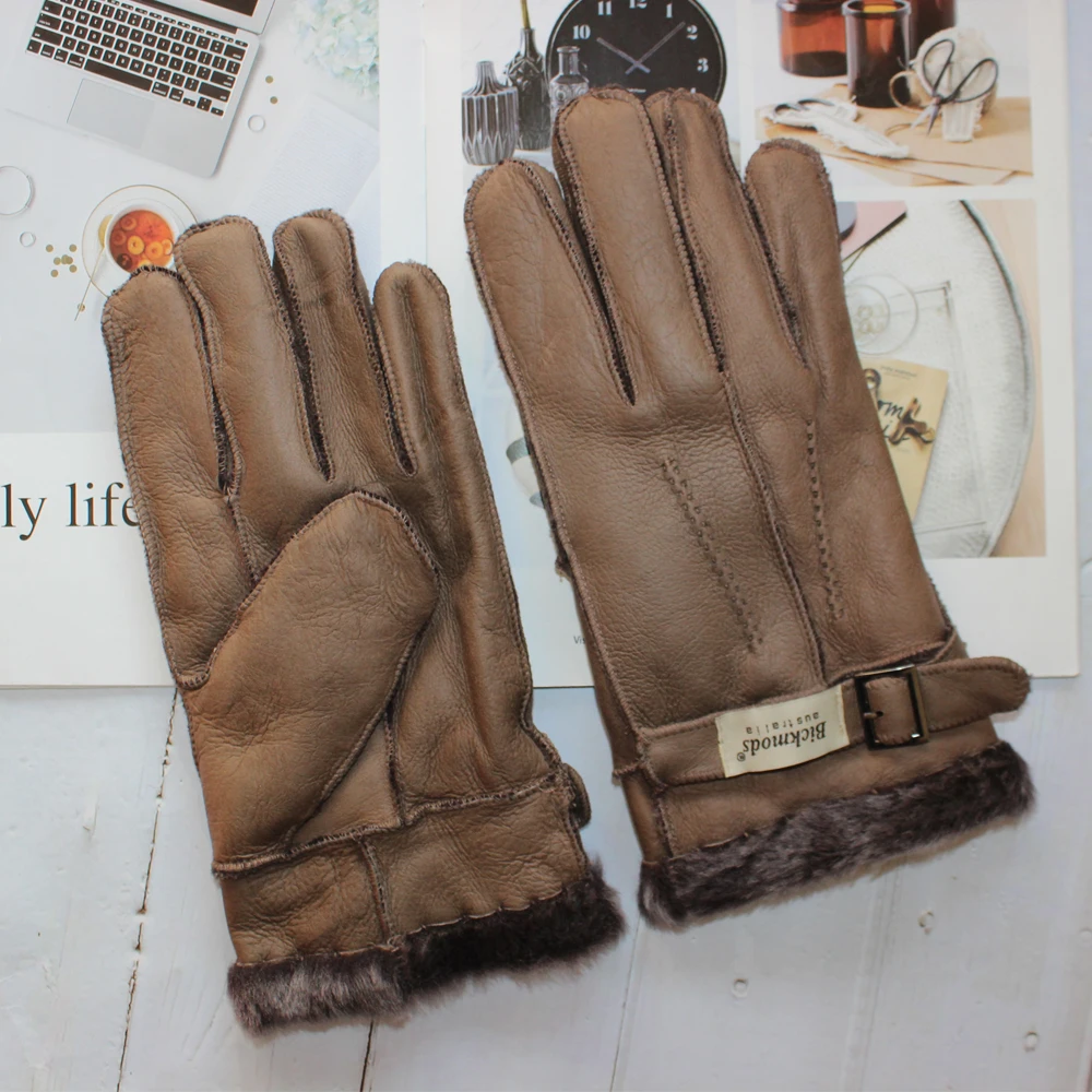 Перчатки мужские с мехом овчины толстые зимние теплые уличные кожаные перчатки