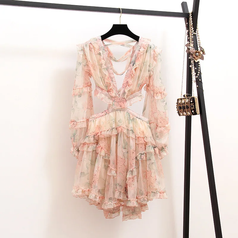 CNYISHE 2020 Sweet Print Ruffles Dress Female Lantern V Neck Long Sleeve Hollow Out Backless Bandage Women Dresses Vestidos Robe